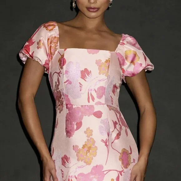 NWT Lulus So Stunning Orange Multi Floral Jacquard Puff Sleeve Mini Dress - Picture 10 of 12